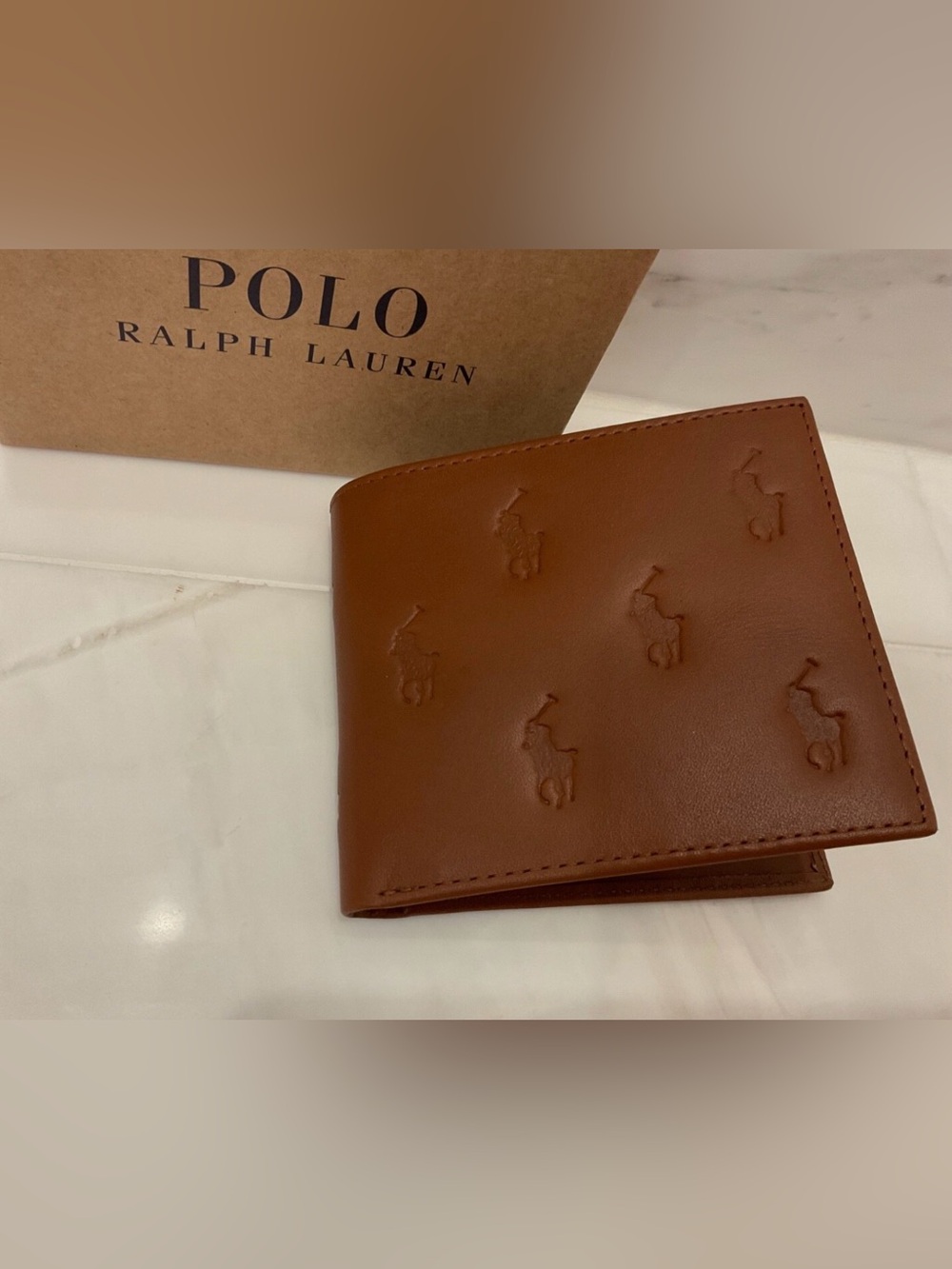NIB Polo Ralph Lauren Leather ALL OVER PONY Double Billfold Wallet - CLASSIC TAN - Picture 2 of 13